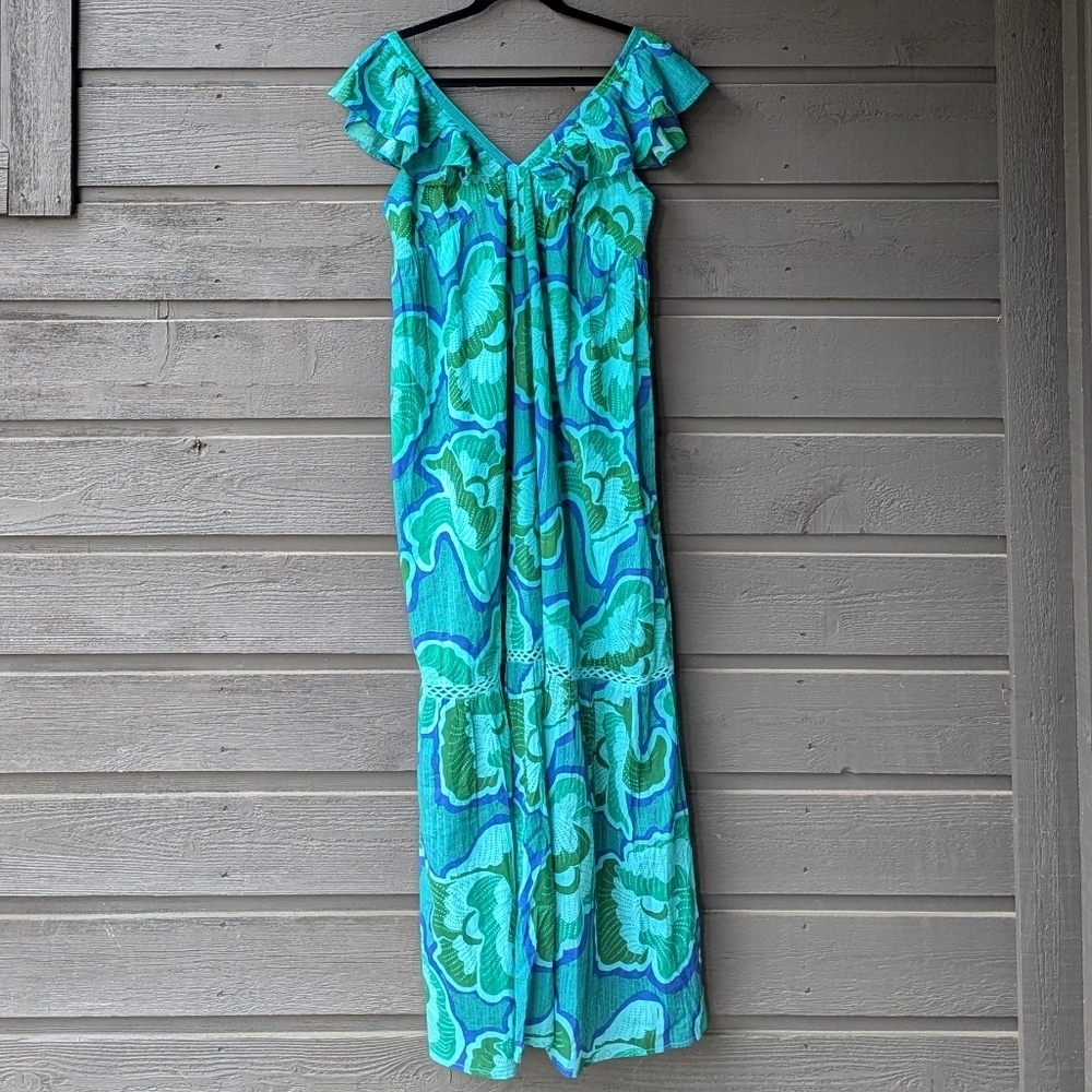 Turquoise Floral Off-Shoulder Maxi Dress